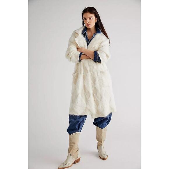 Free People David Cardigan Cardi Jacket Soft Faux Fur Longline Ivory L NWT $398